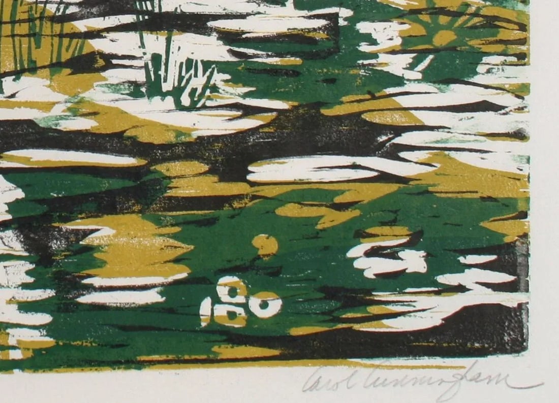 Portrait of a Woman With Flowers 1960-70s Gold and Green Woodcut - 2