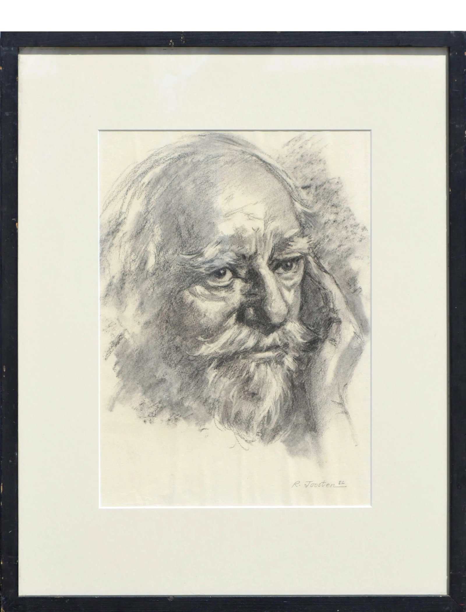 Portrait of an Old Man by Ralph Edward Joosten: A portrait of an old man done in charcoal by California artist Ralph Edward Joosten (American, 1928-2009). Signed "R. Joosten 82" lower right. Presented in rustic black wood frame, archival mat and