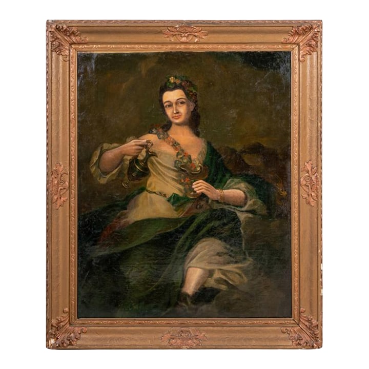 Spanish School Portrait of a Woman Oil on Canvas: Spanish School, Portrait of a Woman, Oil on Canvas, 19th century, depicting a woman with wine cup and ewer, unsigned, giltwood frame. Image: 41" H x 33" W; frame: 50" H x 42.5" W. Keywords: Painting, 