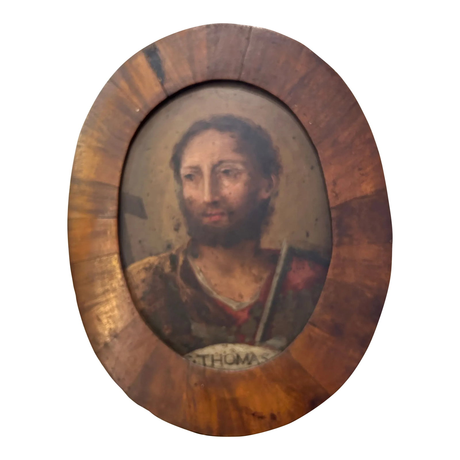 Mid 18th Century Antique Portrait of Saint Thomas, Framed: 18th Century oil painting on board of St. Thomas presented in the original oval wood frame. Condition: Alterations: Original Condition Unaltered Imperfections: Some Imperfections Condition Notes: