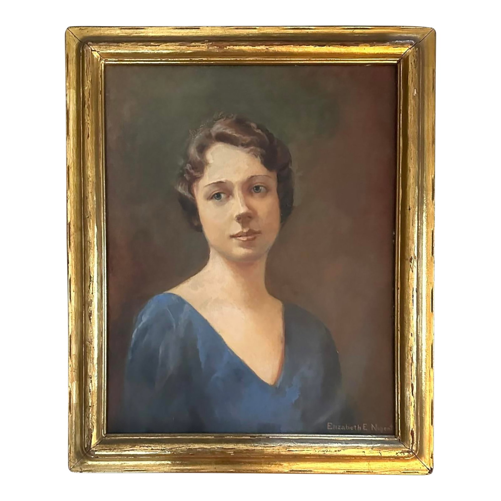 1920's Vintage Oil on Canvas Portrait Painting of Lady/Woman in Blue Dress With Original Gilt Newcom: A charming, original oil on canvas board portrait painting by artist Elizabeth Nugent. Features a lovely young lady in a blue dress with a classically styled bob. Housed in the original gilt, Newcomb 