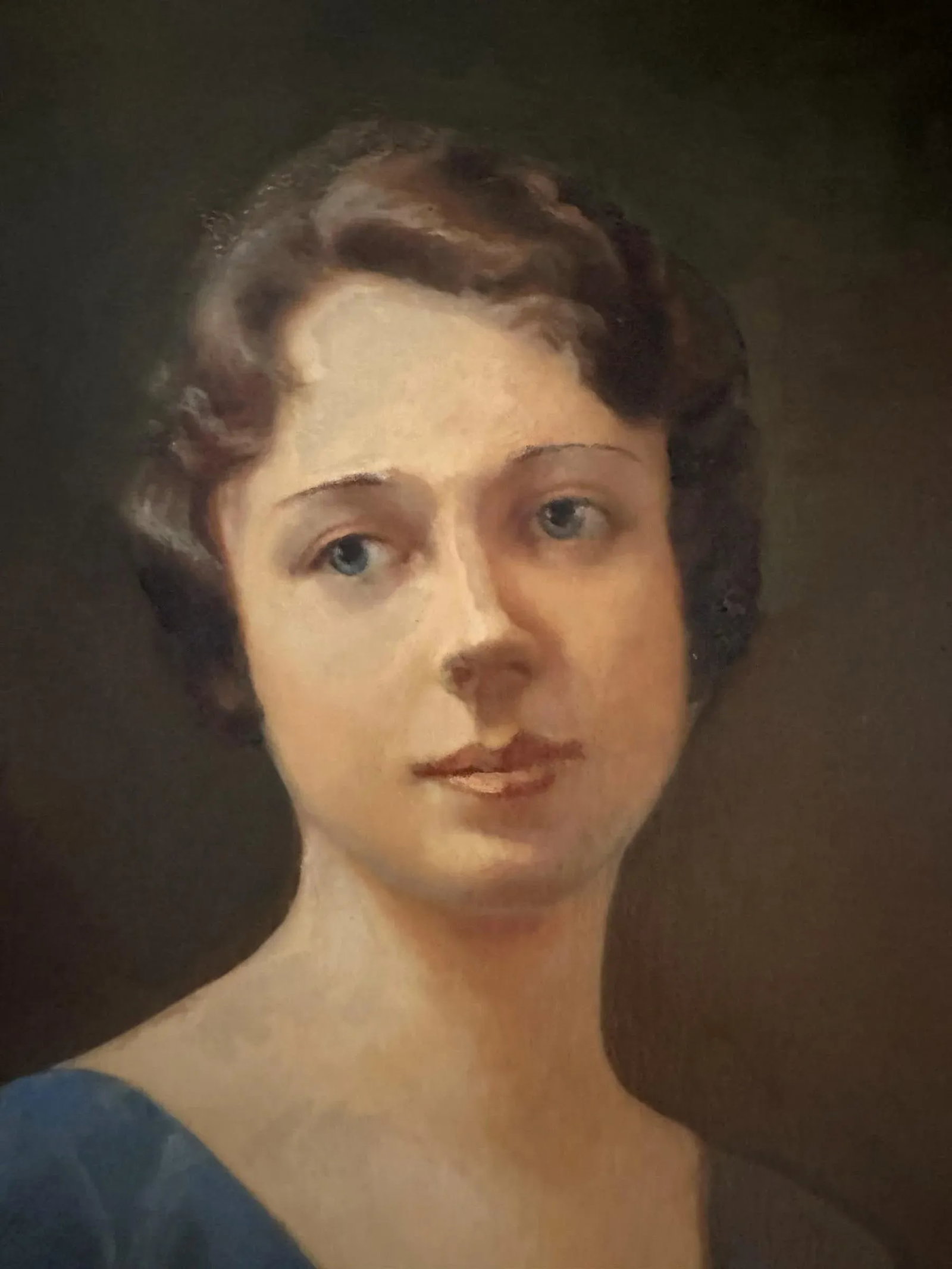 1920's Vintage Oil on Canvas Portrait Painting of Lady/Woman in Blue Dress With Original Gilt Newcom - 2