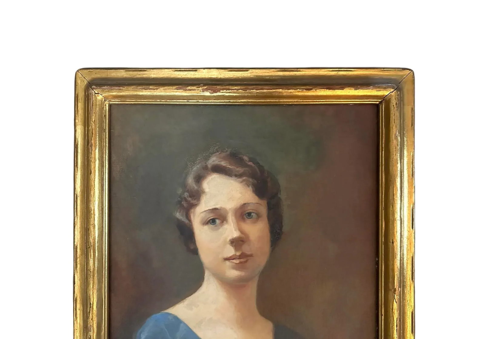 1920's Vintage Oil on Canvas Portrait Painting of Lady/Woman in Blue Dress With Original Gilt Newcom - 3