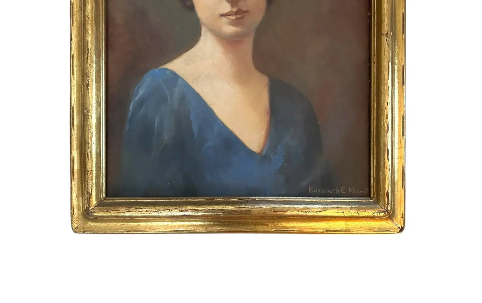 1920's Vintage Oil on Canvas Portrait Painting of Lady/Woman in Blue Dress With Original Gilt Newcom - 4