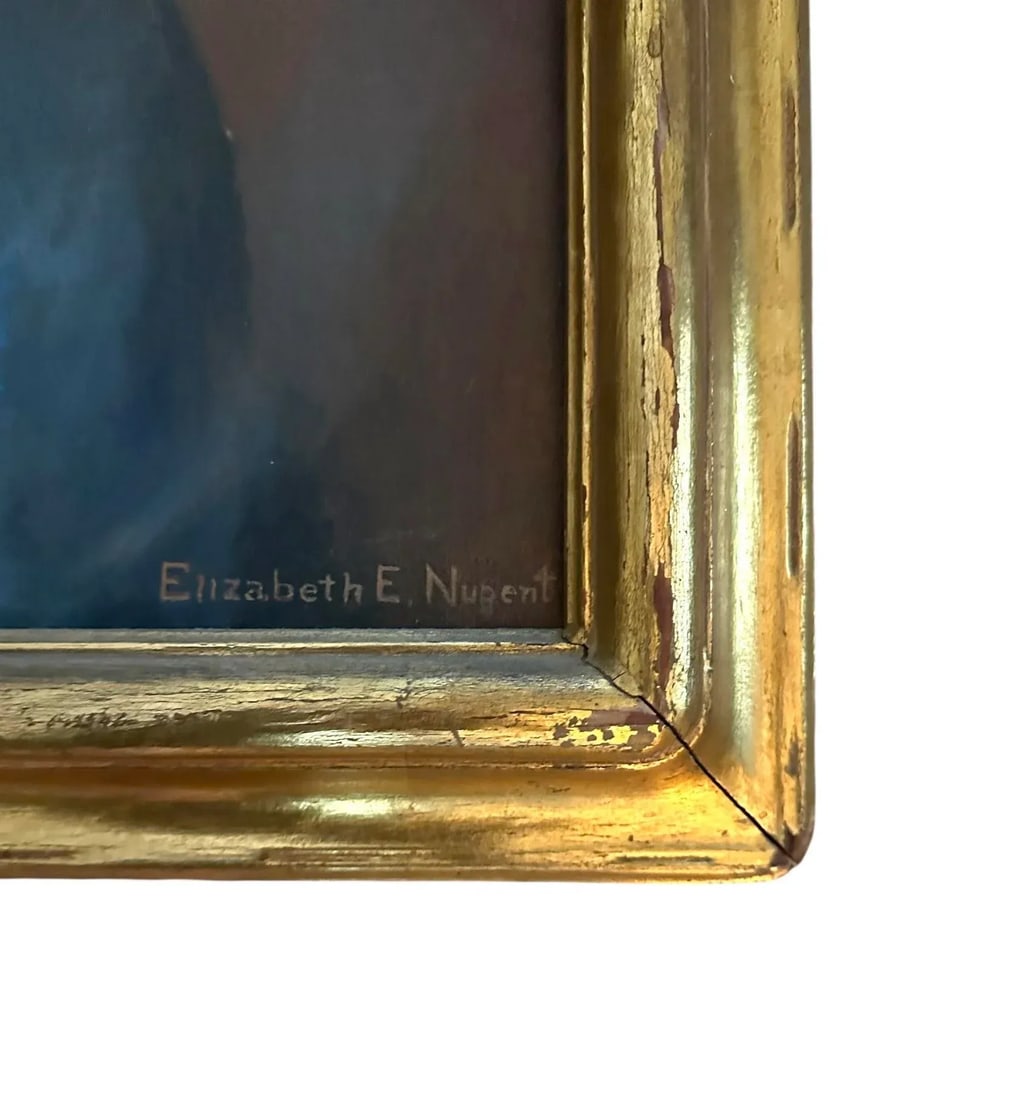 1920's Vintage Oil on Canvas Portrait Painting of Lady/Woman in Blue Dress With Original Gilt Newcom - 6