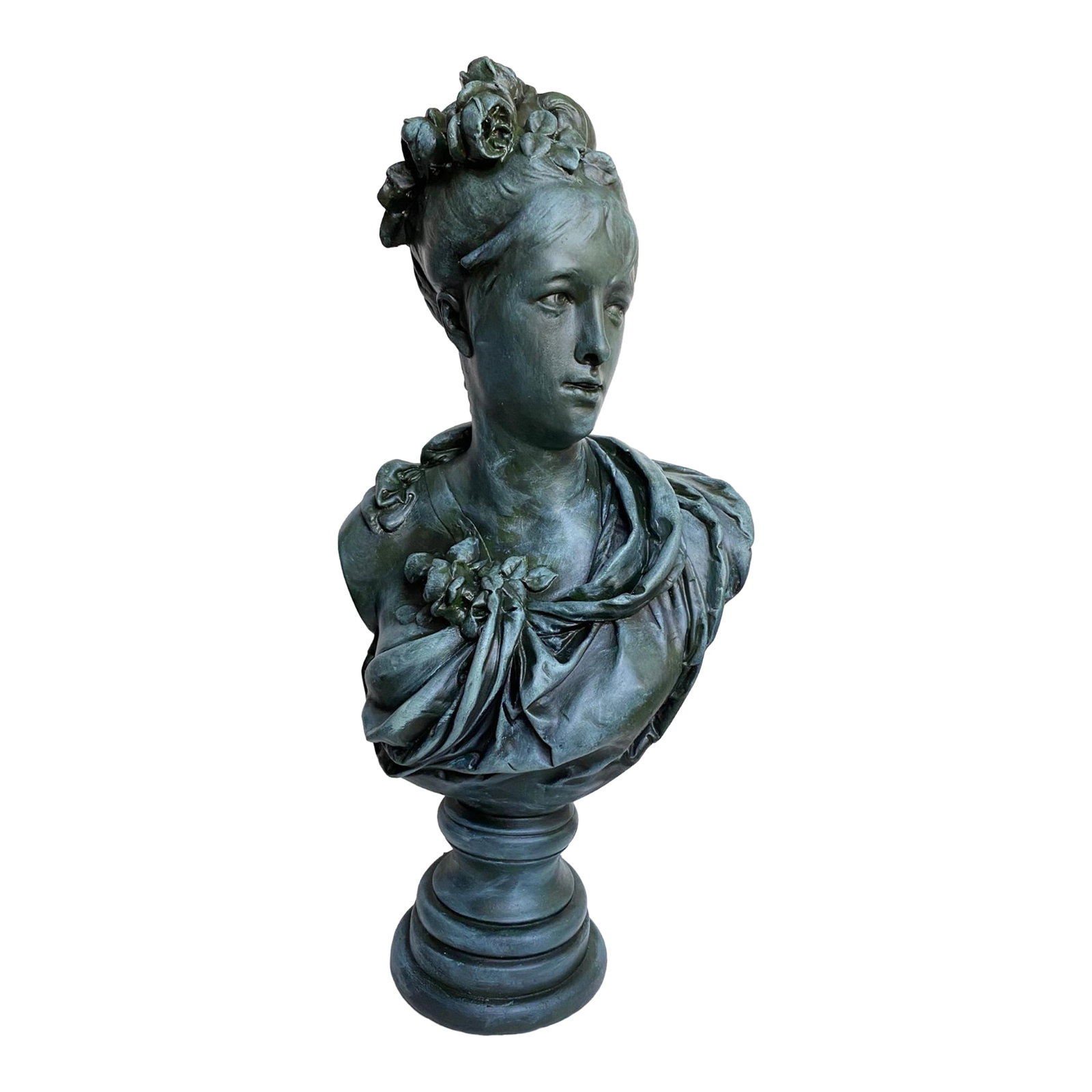 1950s Contemporary French Bronzed Plaster Bust of Marie Antoinette After Albert-Ernest Carrier-Belle: Artist Reference: After renowned French sculptor Albert-Ernest Carrier-Belleuse Signature: Signed "Carrie Relleuse" on reverse Striking decorative piece with a historical and regal presence Elegant de