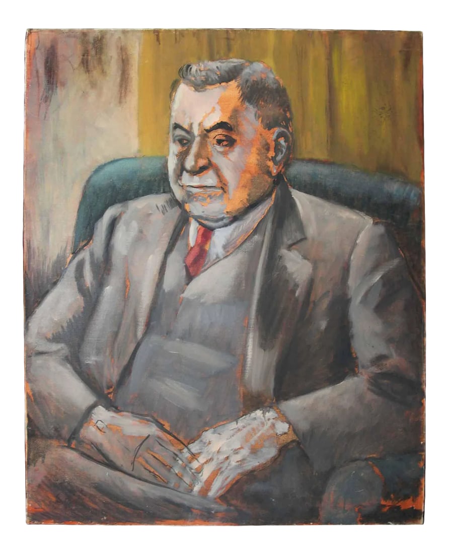 Vintage Portrait Painting on Canvas: Vintage portrait painting on canvas of a seated man wearing a suit. Condition: Alterations: Original Condition Unaltered Imperfections: Some Imperfections Condition Notes: Age appropriate wear. No