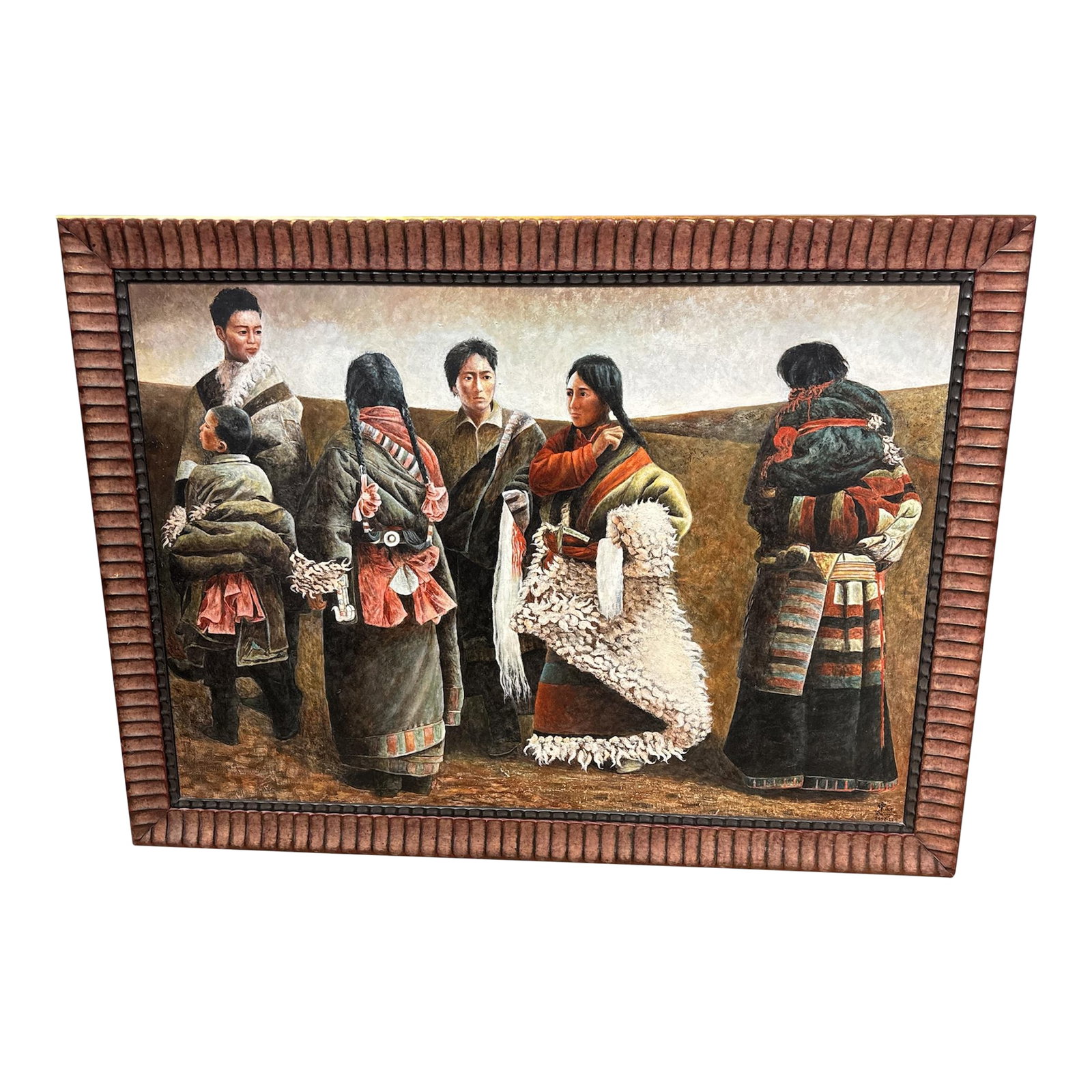 1997 Tibetan Family Scene Oil Painting Artist Signed: Large Oil on Canvas Painting signed by the artist and dated 1997. * Framed with a rustic wooden border * Depicts a traditional Tibetan family scene * Artist signature and date visible on the painting