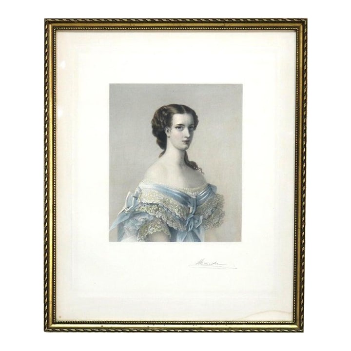 Antique French Print of a Woman Signed Alexandre 19thC, Framed: Antique French Print of A Woman Signed Alexandre 19thC Measures - 20.75"H x 17.25"W x 1"D A detailed antique French print from the 19th century, depicting a woman in elegant attire. The print is