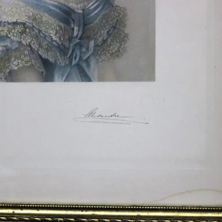 Antique French Print of a Woman Signed Alexandre 19thC, Framed - 5