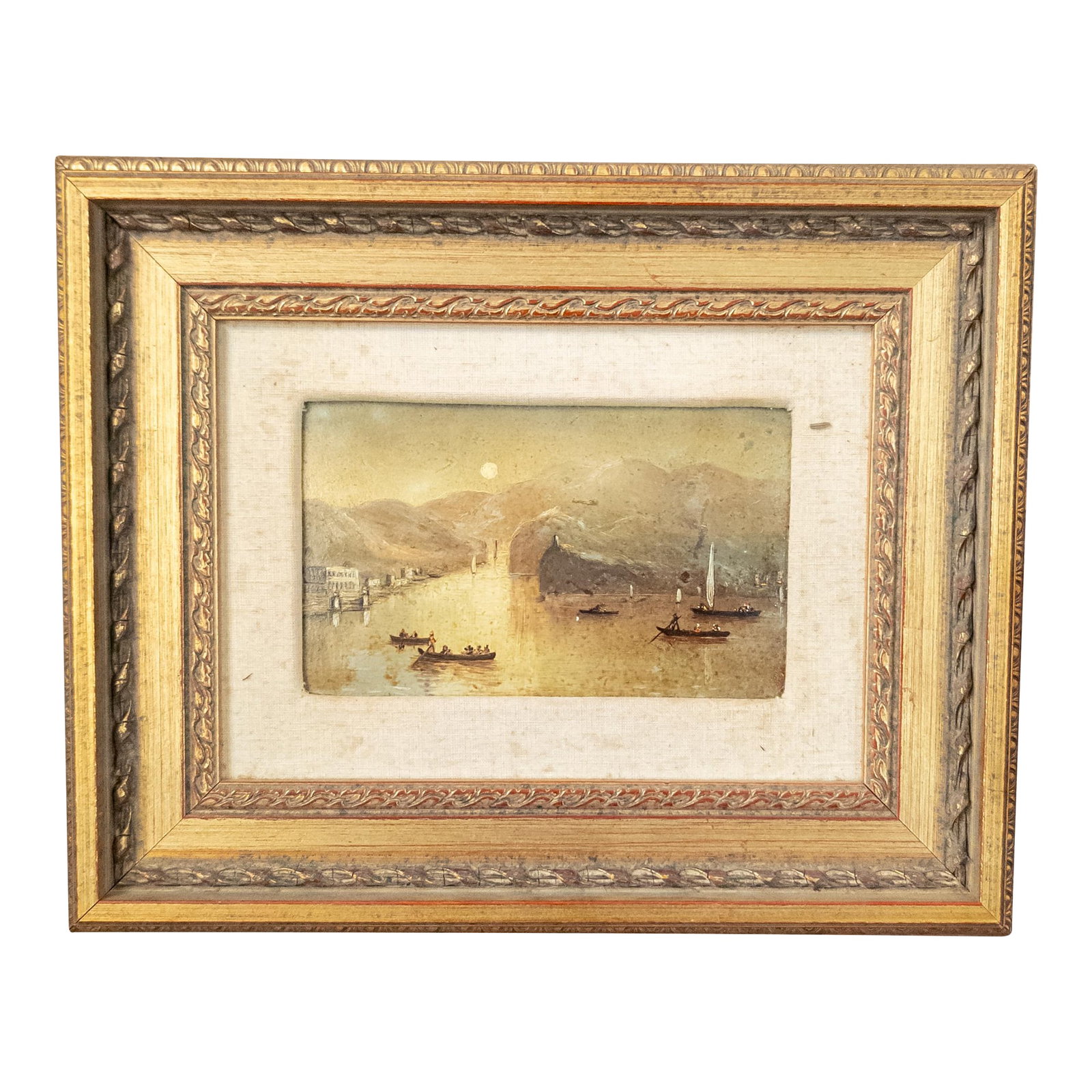 Mid-Century Italian Impressionist Alpine Landscape Painting: We are selling this small little Italian Alpine lake scene painting. The painting features many boats on a small lake with a luminist flair, probably Mid-Century. Condition: Good condition Dimensions: