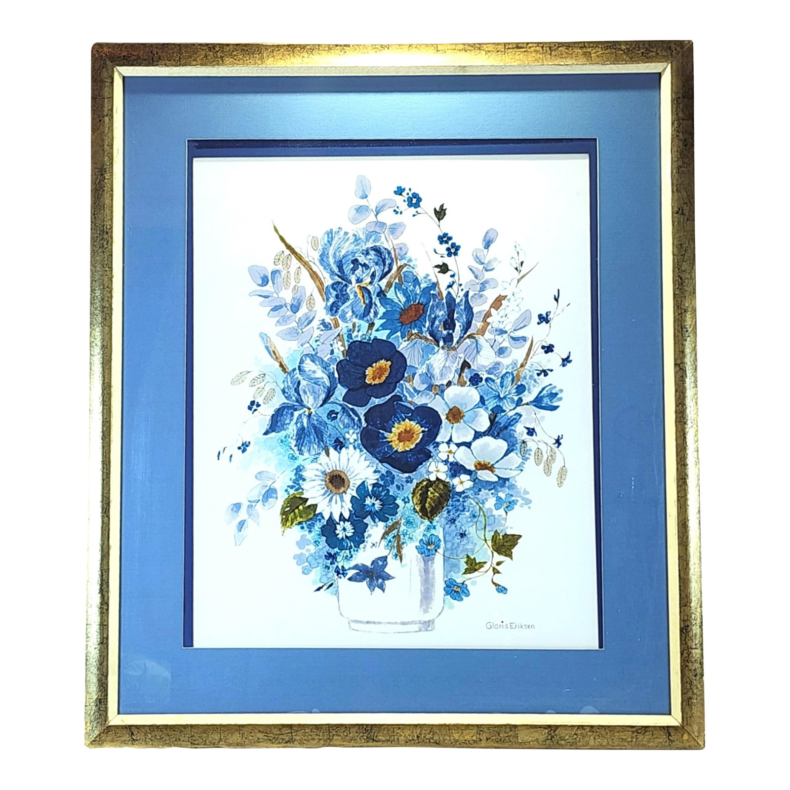 1980s Gloria Eriksen Blue & White Wildflowers Watercolor - Scandinavian Elegance, Framed: A study in serene beauty, this 1980s Gloria Eriksen watercolor captures the essence of Scandinavian artistry, where simplicity meets sophistication. The delicate interplay of blue and white wildflower