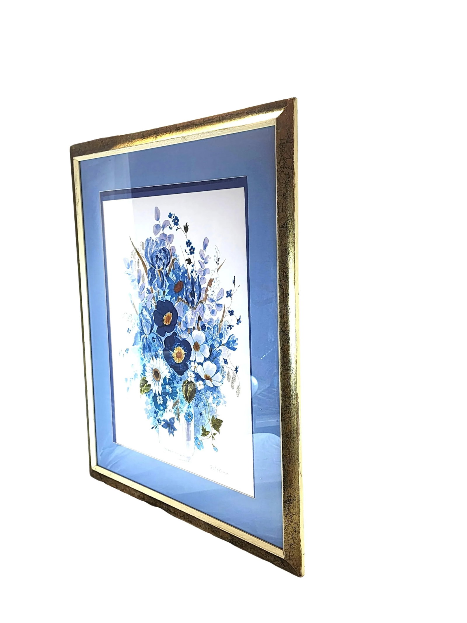 1980s Gloria Eriksen Blue & White Wildflowers Watercolor - Scandinavian Elegance, Framed - 2