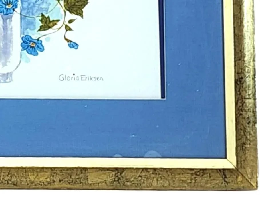1980s Gloria Eriksen Blue & White Wildflowers Watercolor - Scandinavian Elegance, Framed - 3