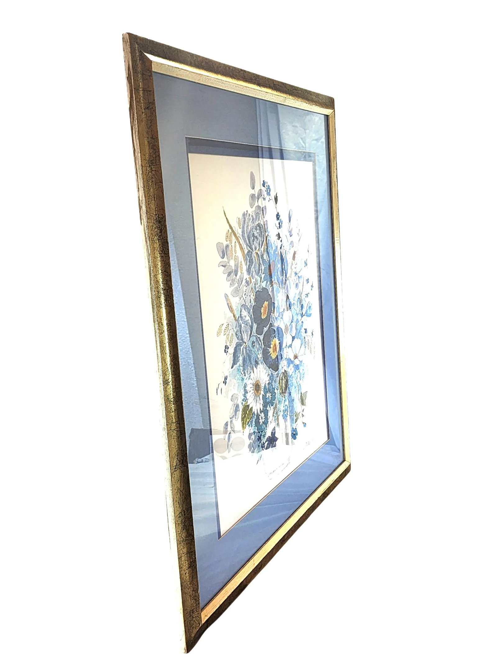 1980s Gloria Eriksen Blue & White Wildflowers Watercolor - Scandinavian Elegance, Framed - 4