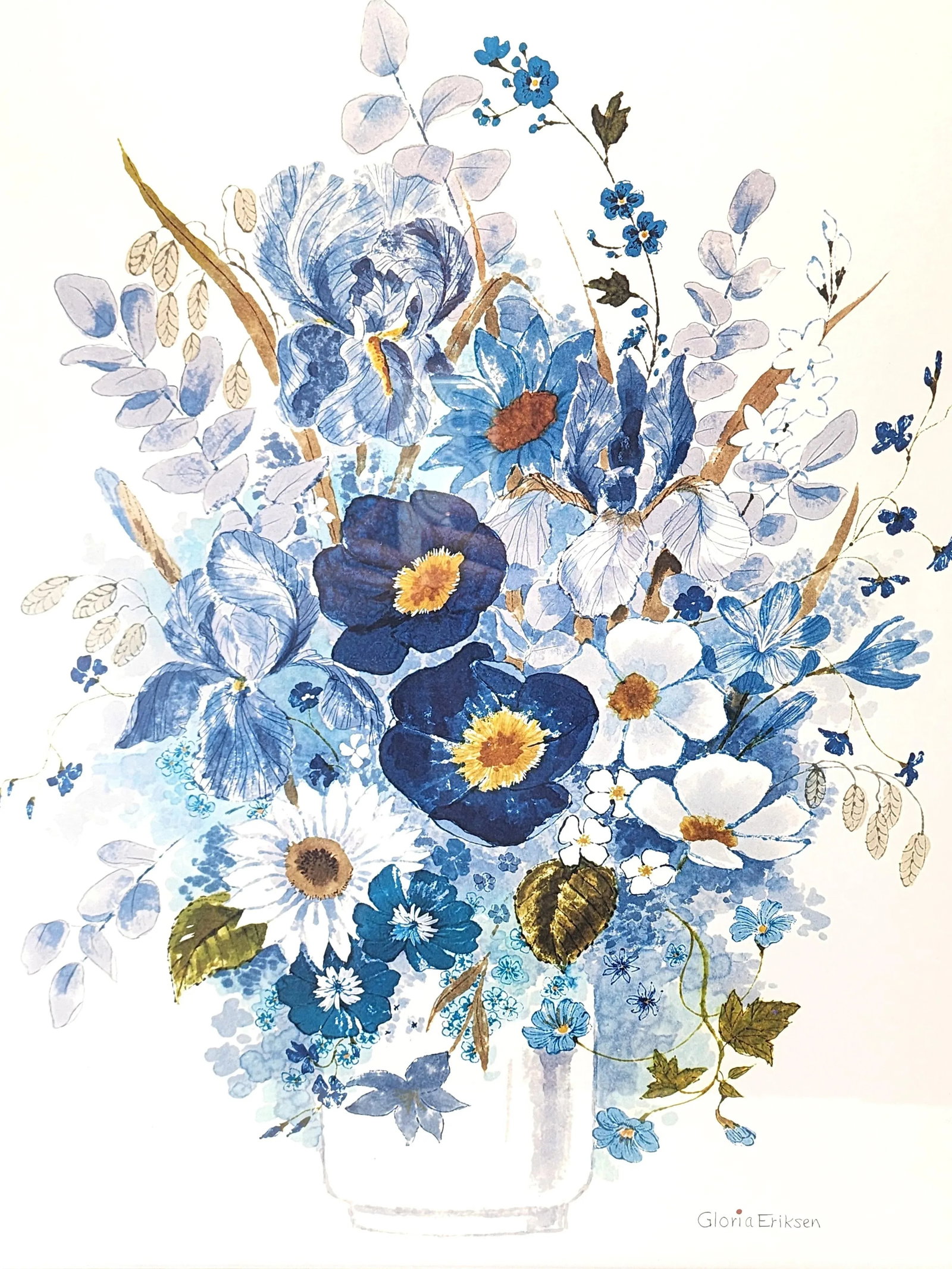 1980s Gloria Eriksen Blue & White Wildflowers Watercolor - Scandinavian Elegance, Framed - 5