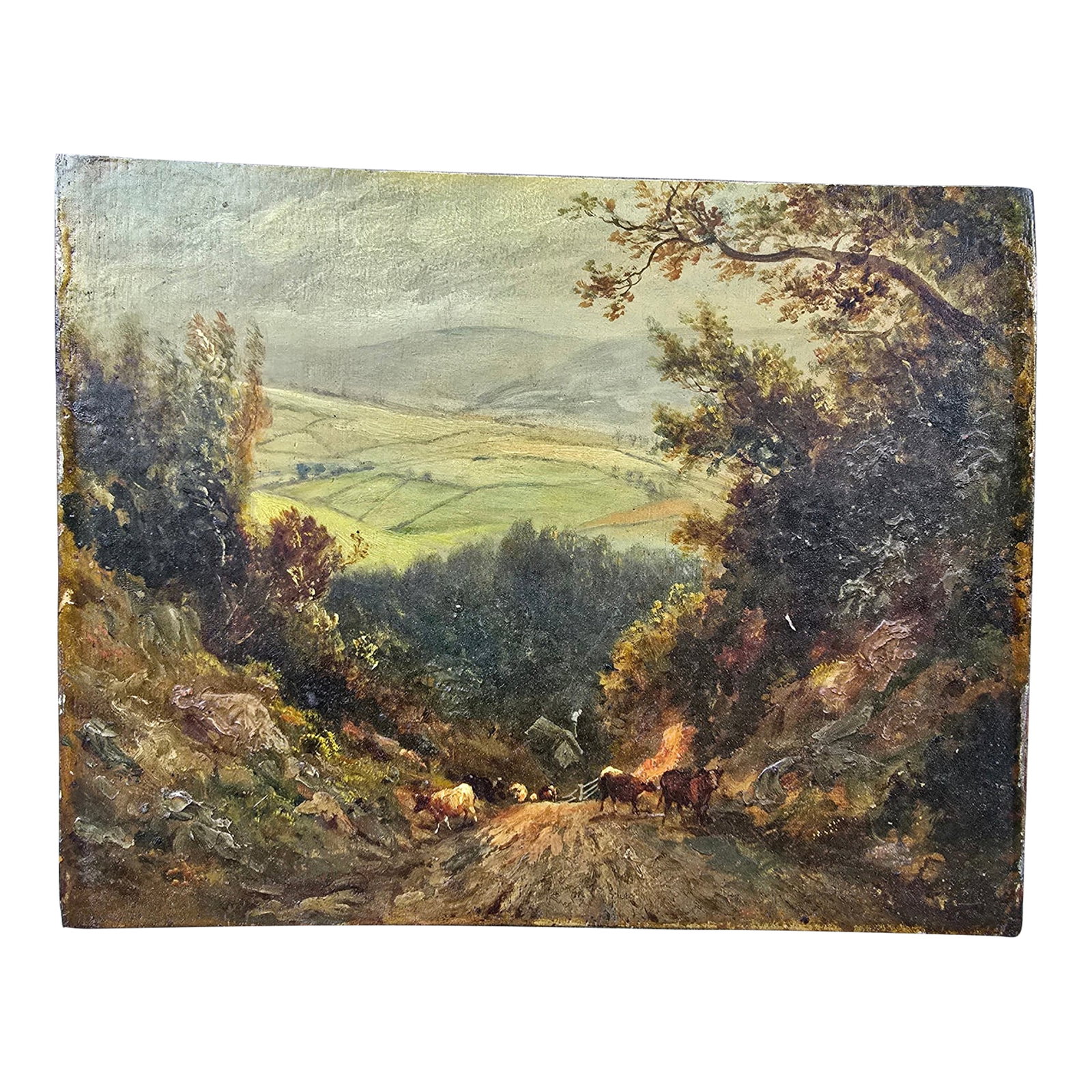 Late 19th Century Rural Landscape Painting on Wood: Small oil painting of a rural landscape with cows on wood. The wood is warped and about a quarter inch thick and unframed. Attributed to John Linnell an English painter (1792-1882) His name is written