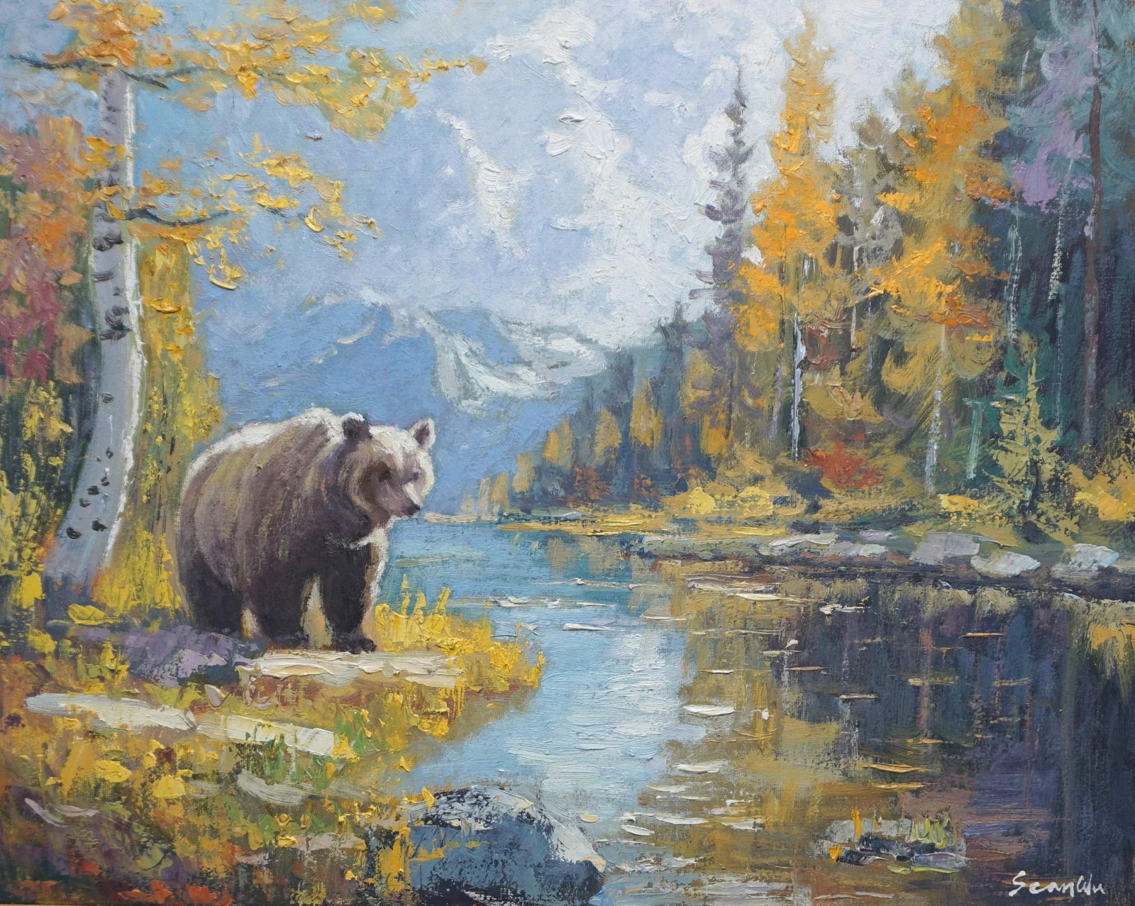 Sean Wu Original Oil Painting of Bear: Original oil painting by Sean Wu, A brown bear standing by a lake in autumn colors Condition: Imperfections: No Imperfections Origin: United States Materials & Techniques: Oil Paint Details: Art