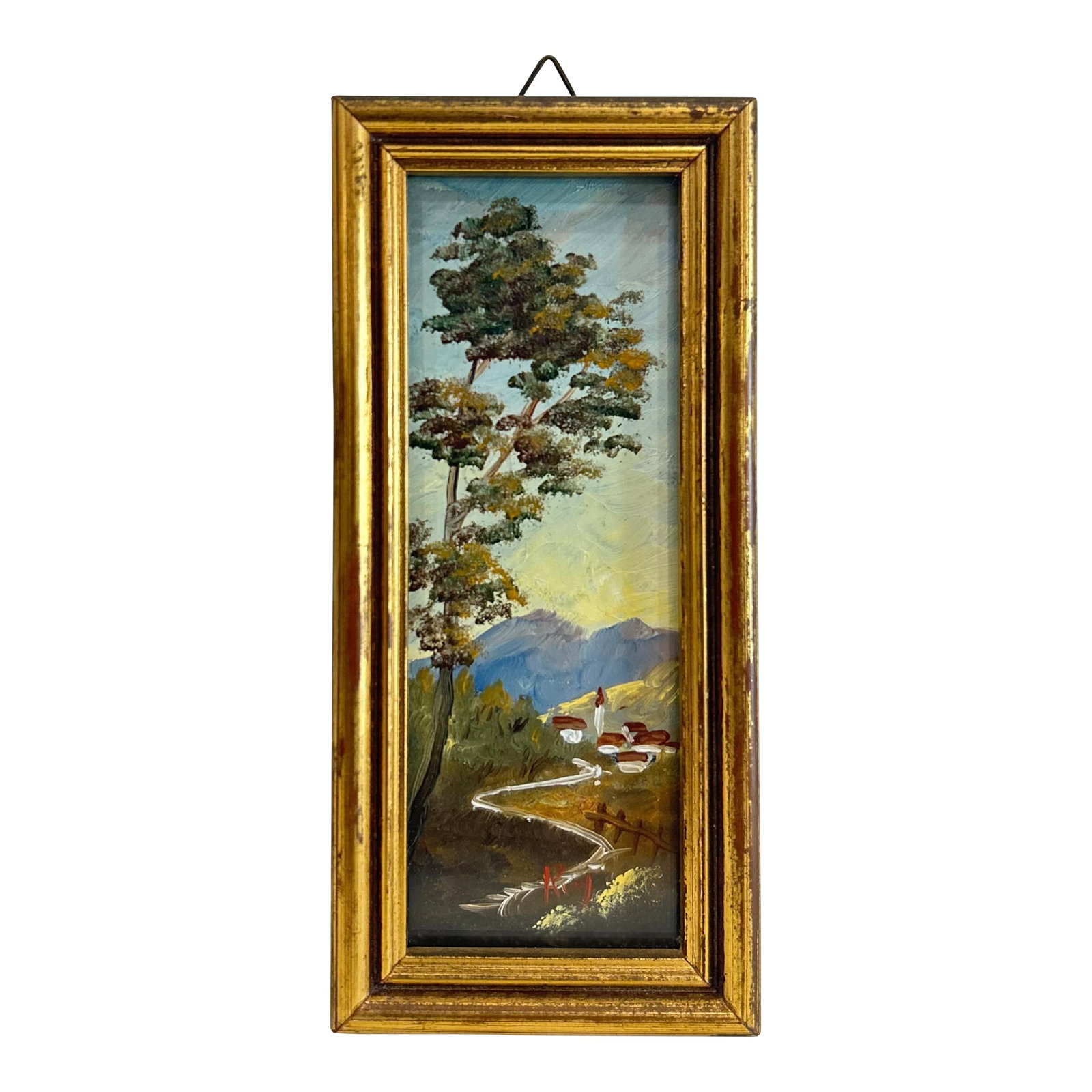 Early 20th Century Serene Landscape Painting in Gilded Gold Frame: A rare heirloom, this exceptional miniature oil painting has been in our family for over 90 years, crafted by my great-great-grandfather. The serene pastoral scene depicts a winding road leading to a 