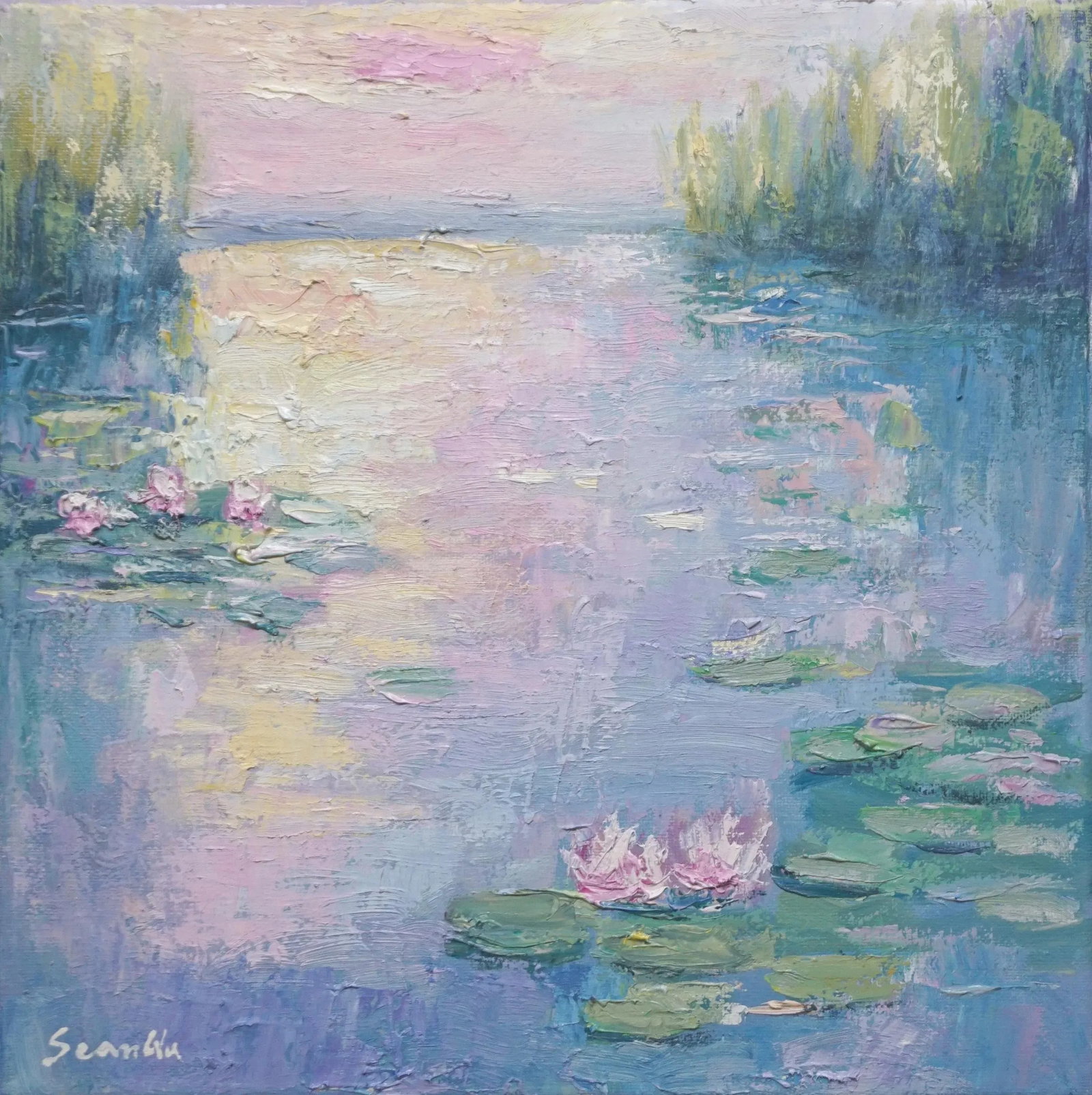 Sean Wu Original Oil Landscape of Lily Pond: Original oil landscape by Sean Wu, lily pond Condition: Imperfections: No Imperfections Origin: United States Materials & Techniques: Oil Paint Details: What type of item is it? Not Used Art