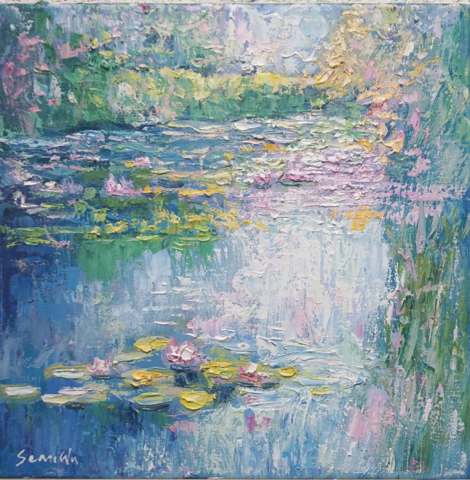 Sean Wu Original Oil Landscape of Lily Pond: Original oil landscape by Sean Wu, lily pond Condition: Imperfections: No Imperfections Origin: United States Materials & Techniques: Oil Paint Details: Art Subjects: Landscape Country of Origin: