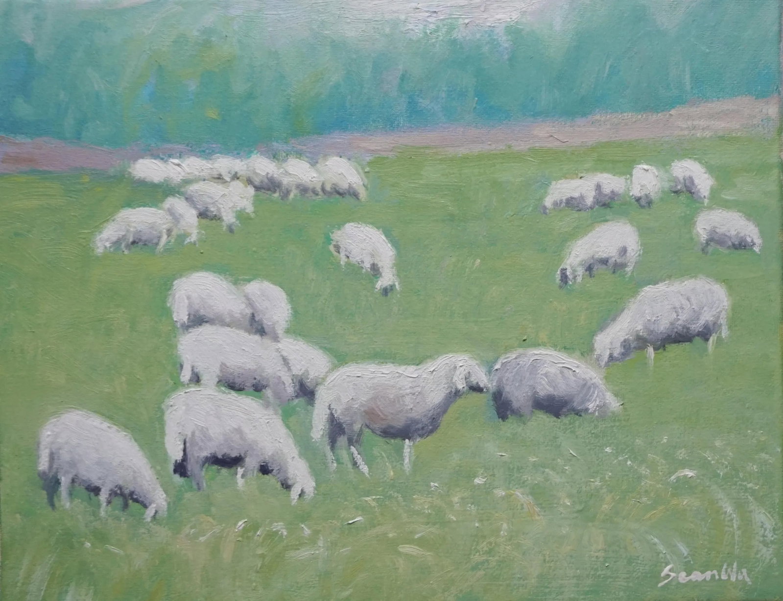 Sean Wu Original Oil Painting,Sheep Grazing on Green Pasture: Original oil painting by Sean Wu, Sheep grazing on green pasture Condition: Imperfections: No Imperfections Origin: United States Materials & Techniques: Oil Paint Details: Art Subjects: Animals