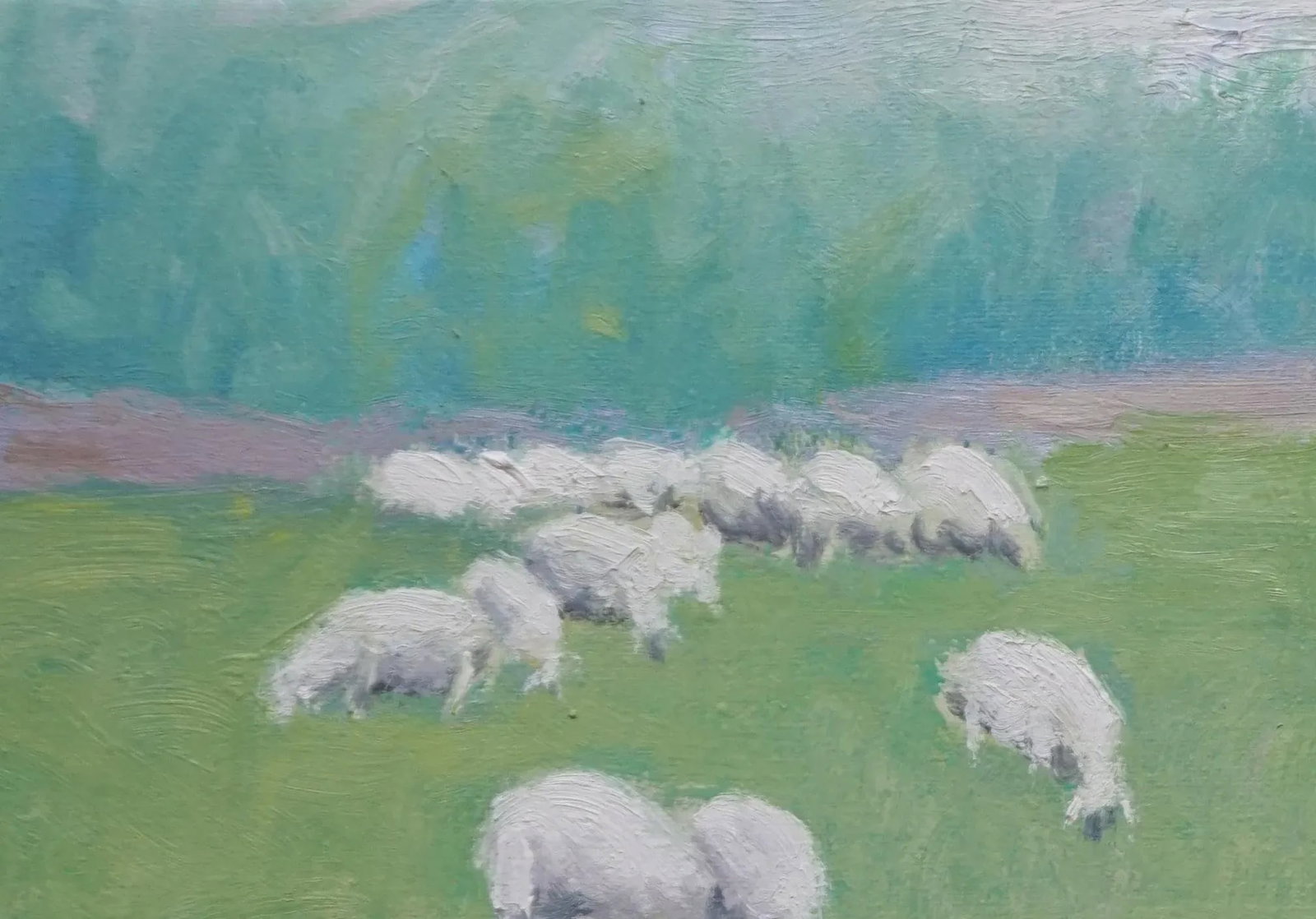Sean Wu Original Oil Painting,Sheep Grazing on Green Pasture - 2