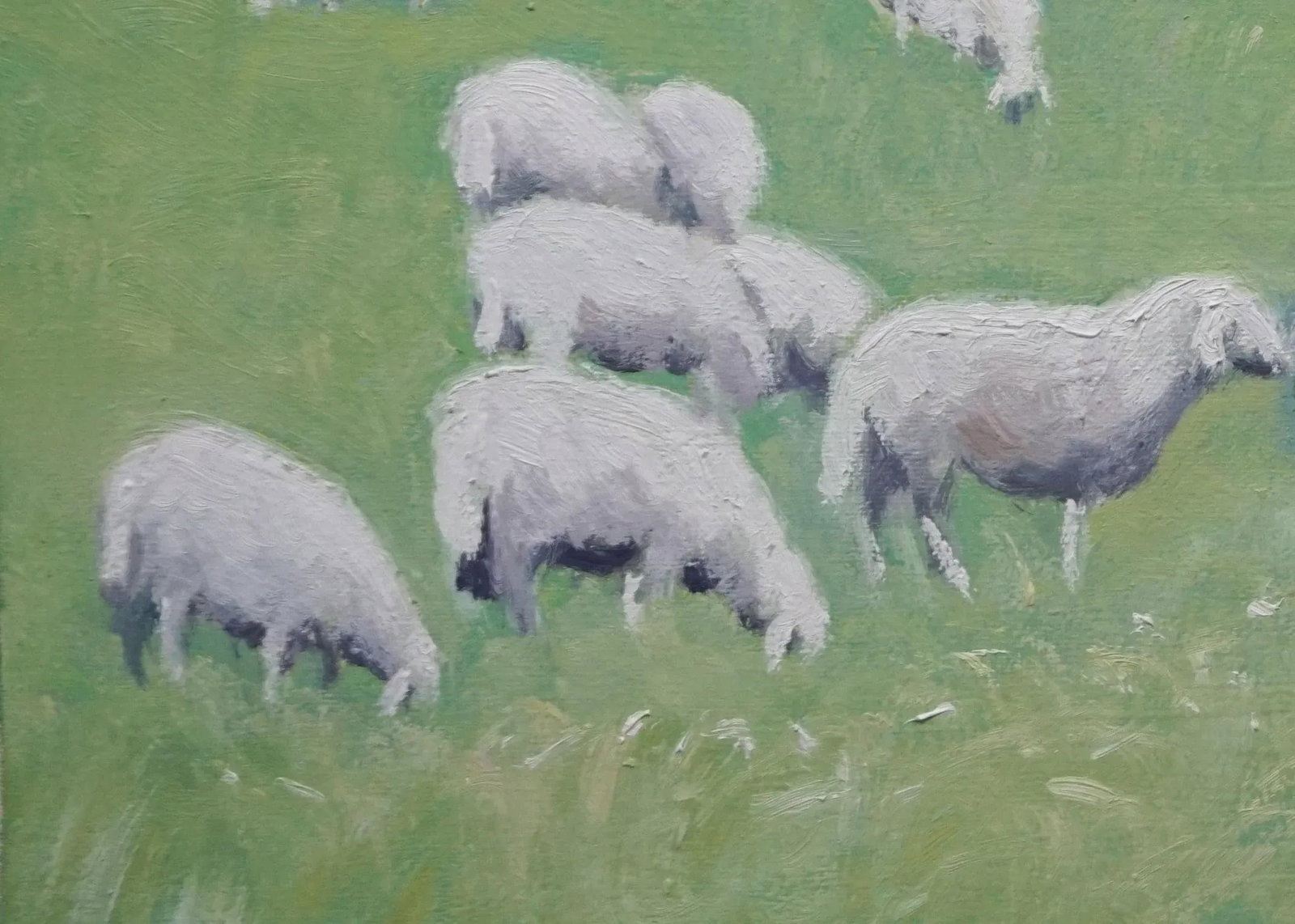 Sean Wu Original Oil Painting,Sheep Grazing on Green Pasture - 3