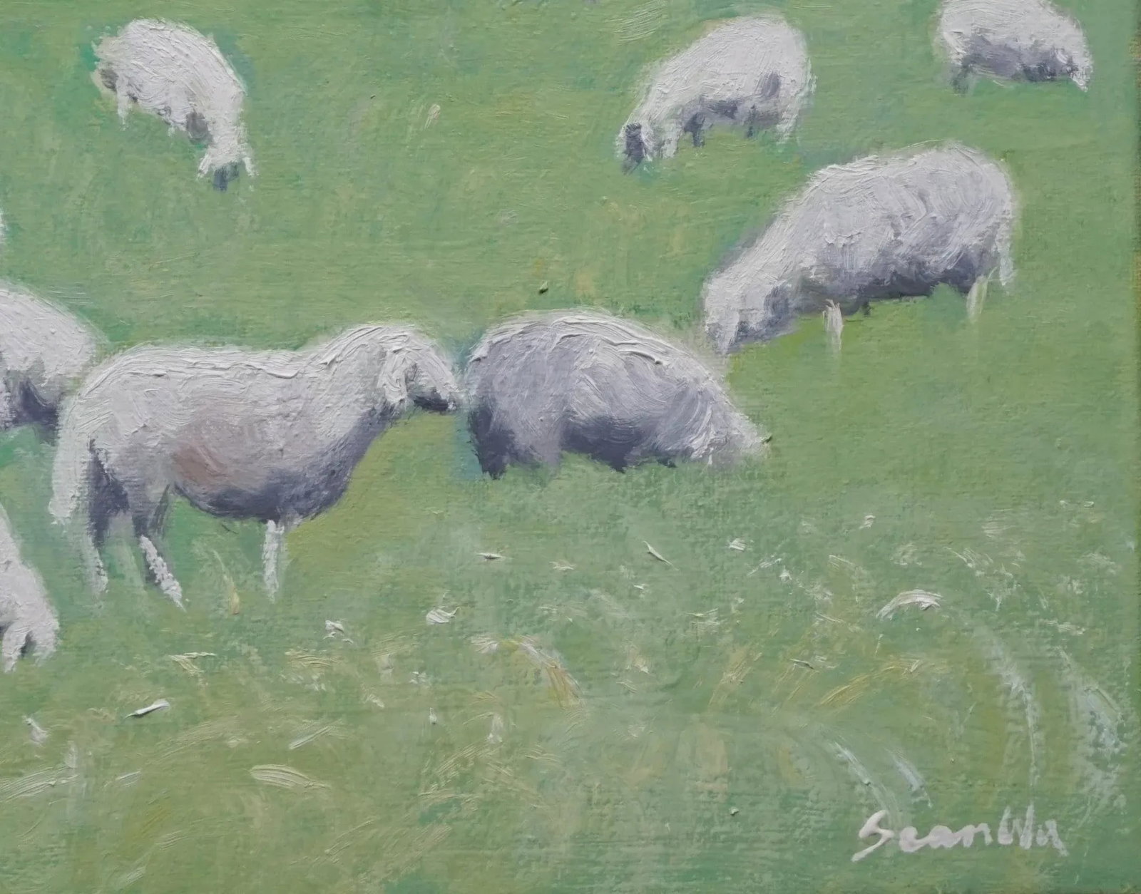 Sean Wu Original Oil Painting,Sheep Grazing on Green Pasture - 4