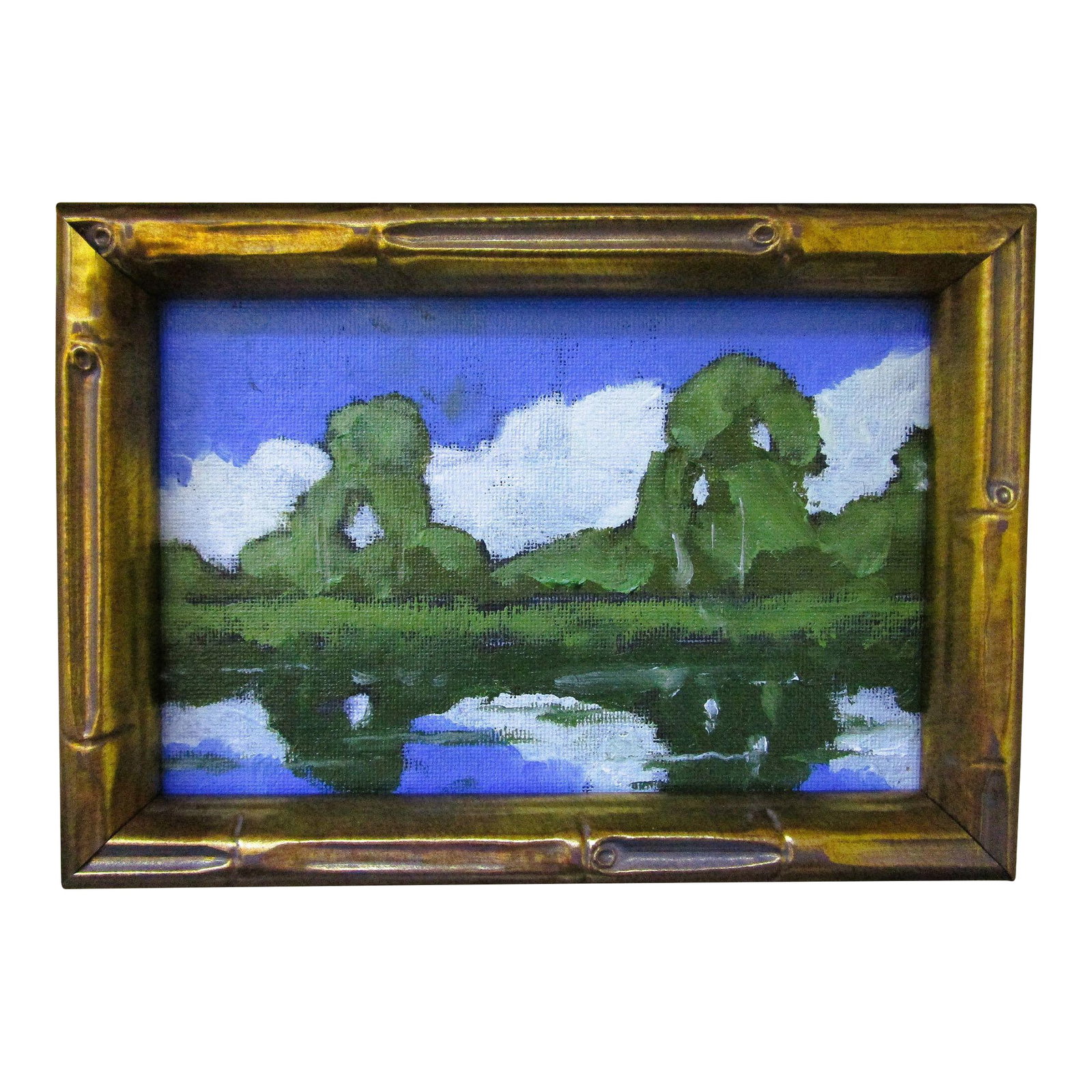 Framed 4x6 California Eucalyptus Pond Art Lynne French Oil Painting: Eucalyptus Pond, California landscape oil painting by Lynne French. The signed original painting measures 4x6 inches on prepared, archival canvas board and is framed as shown in a gold finished,
