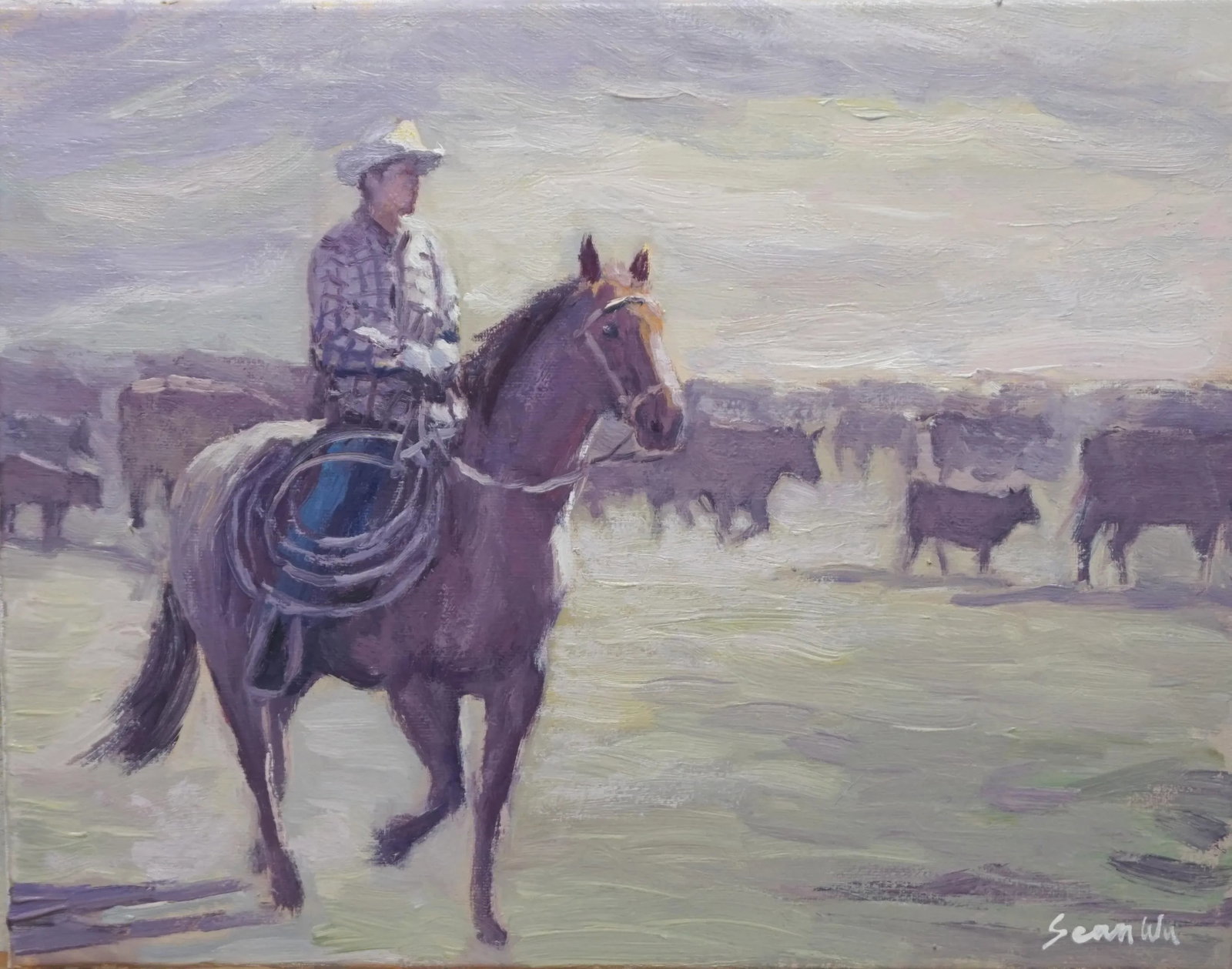 Sean Wu Original Oil Painting Cowboys Grazing on the Ranch: Original oil painting by Sean Wu, Cowboys grazing on the ranch Condition: Imperfections: No Imperfections Origin: United States Materials & Techniques: Oil Paint Details: What type of item is it?