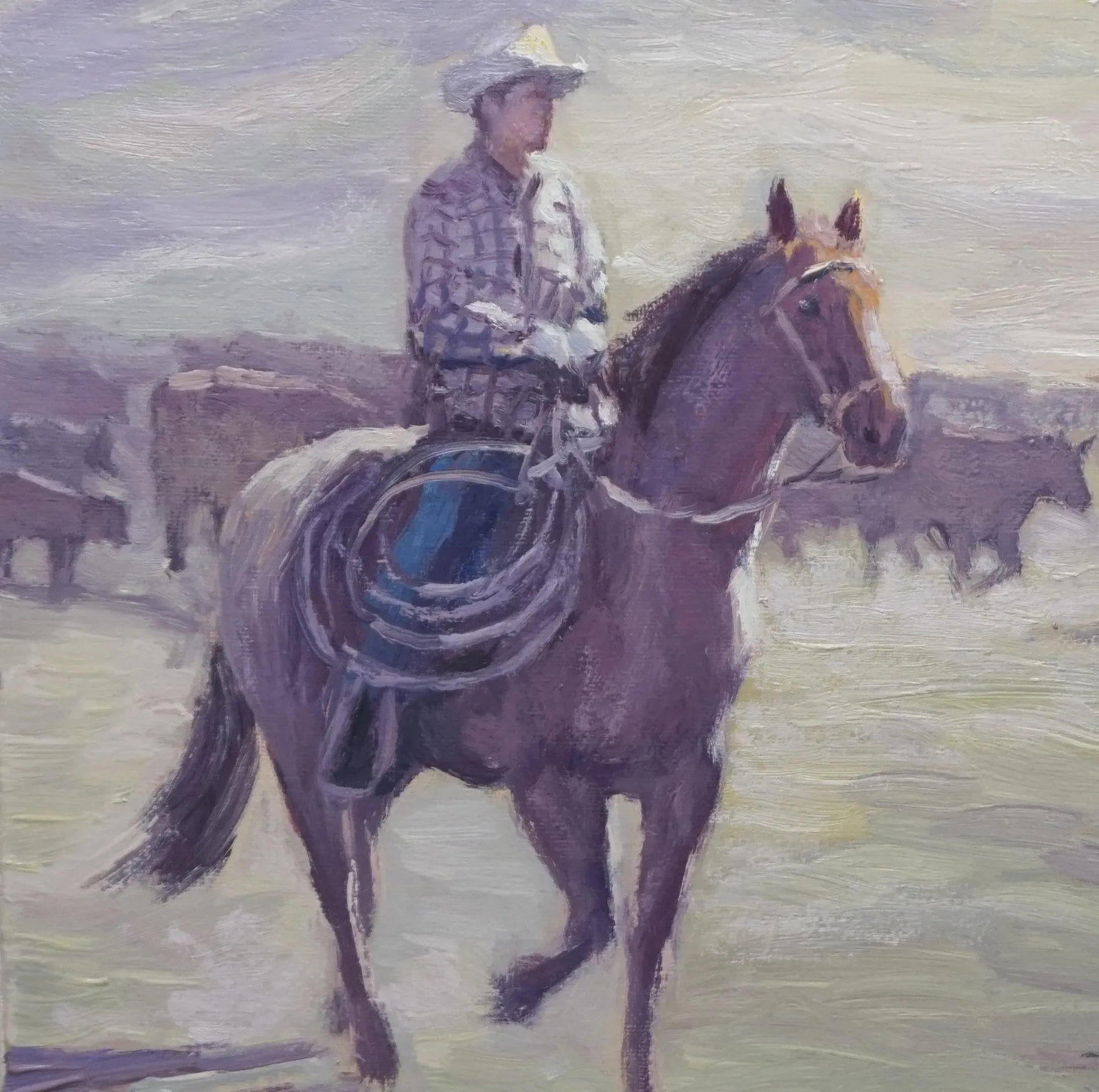Sean Wu Original Oil Painting Cowboys Grazing on the Ranch - 2