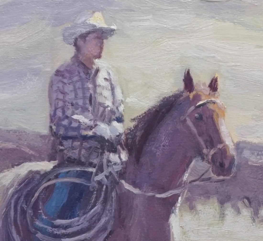 Sean Wu Original Oil Painting Cowboys Grazing on the Ranch - 3