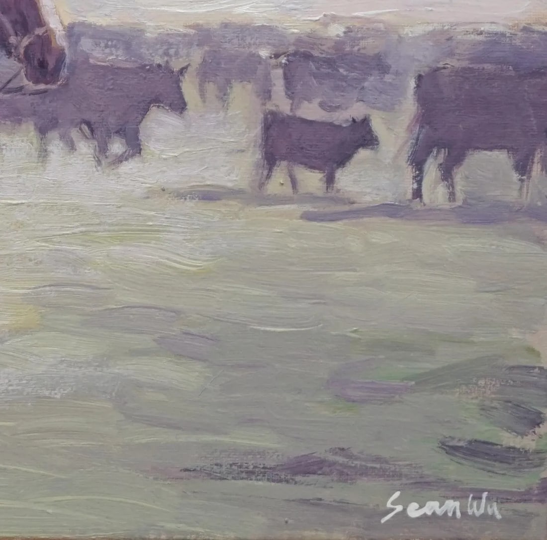 Sean Wu Original Oil Painting Cowboys Grazing on the Ranch - 4