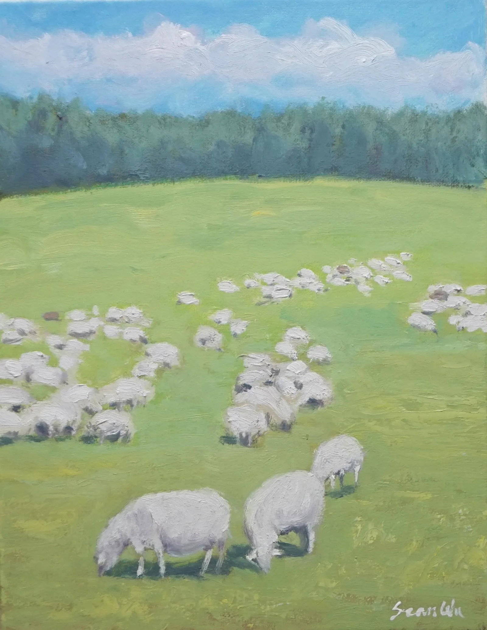 Sean Wu Original Oil Painting, Sheep Grazing on Green Pasture: Original oil painting by Sean Wu, Sheep grazing on green pasture Condition: Imperfections: No Imperfections Origin: United States Materials & Techniques: Oil Paint Details: What type of item is