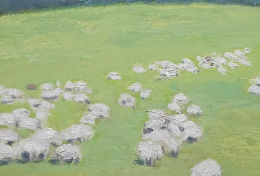 Sean Wu Original Oil Painting, Sheep Grazing on Green Pasture - 2