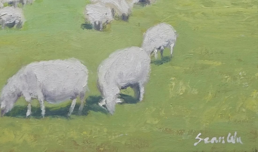 Sean Wu Original Oil Painting, Sheep Grazing on Green Pasture - 4