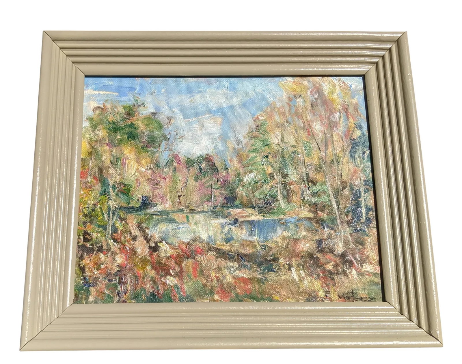 Original Impressionist Landscape Pond in Forest Oil Painting Signed - 2