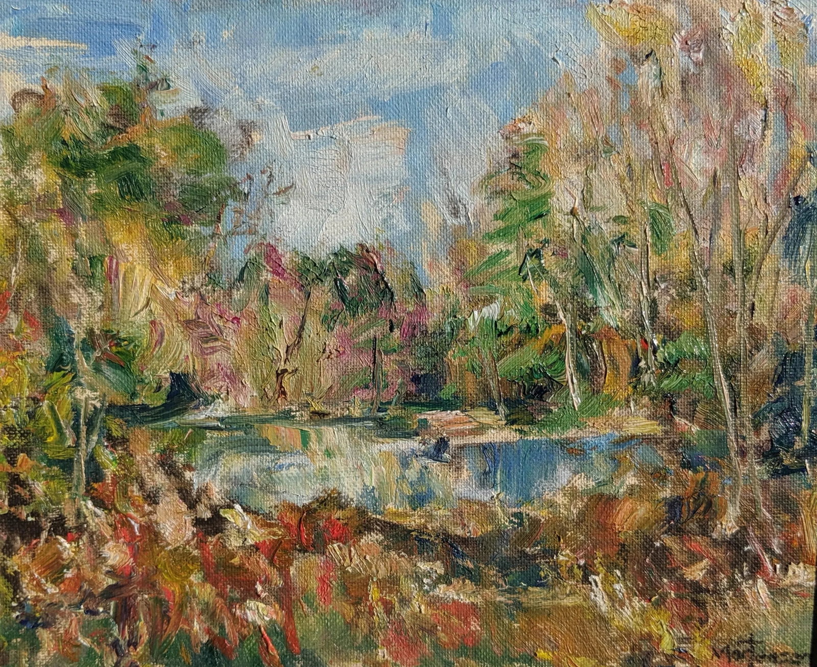 Original Impressionist Landscape Pond in Forest Oil Painting Signed - 3
