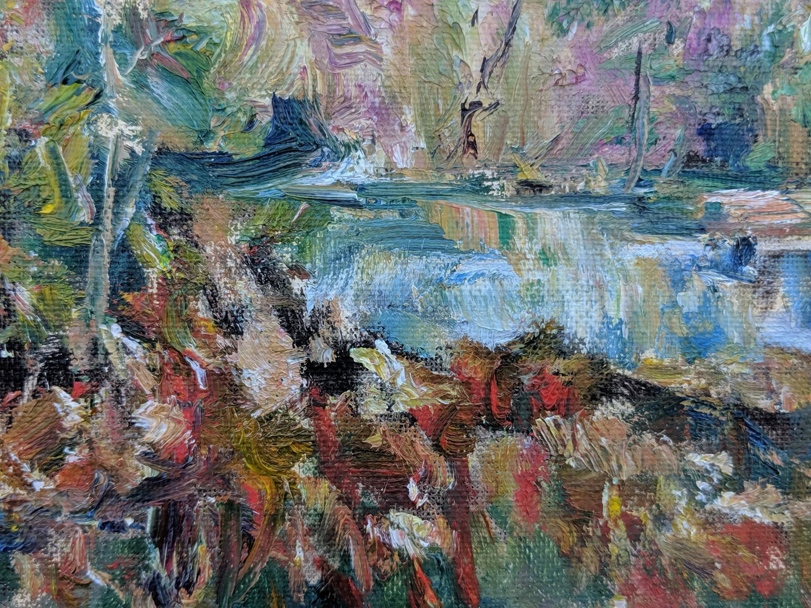 Original Impressionist Landscape Pond in Forest Oil Painting Signed - 5