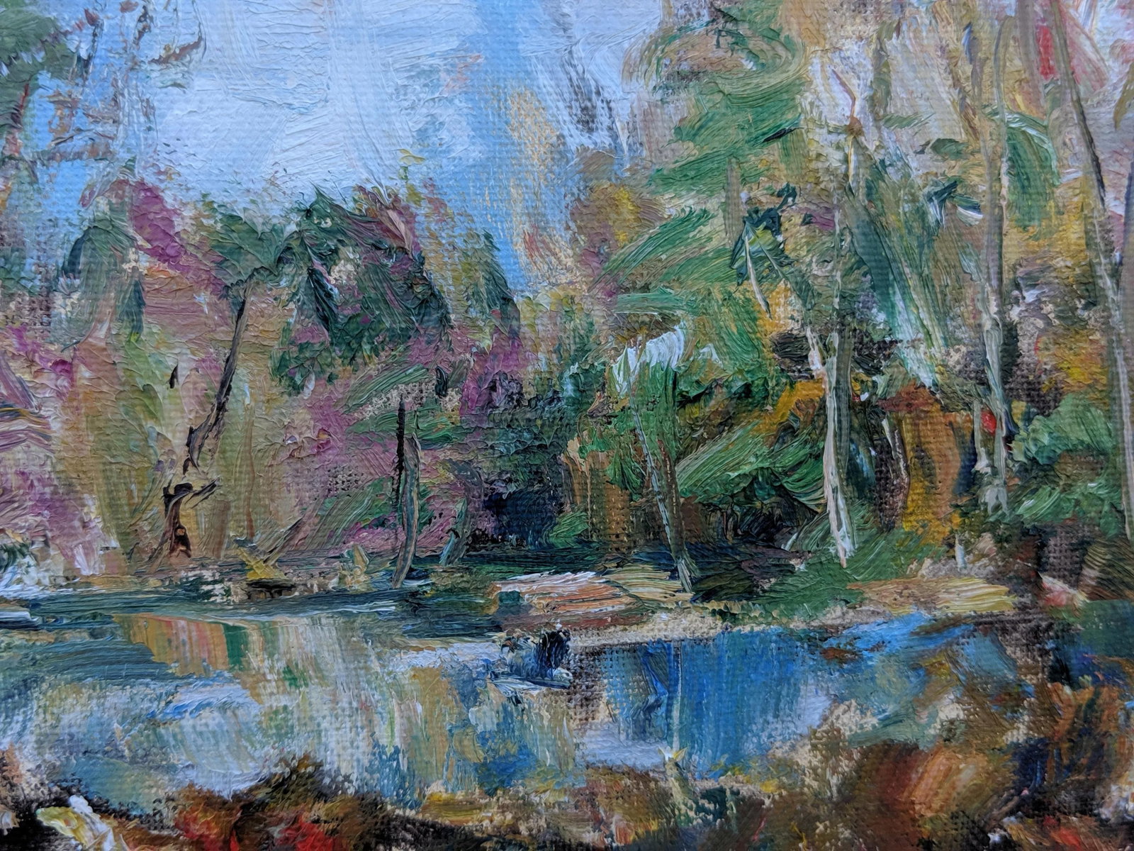 Original Impressionist Landscape Pond in Forest Oil Painting Signed - 6