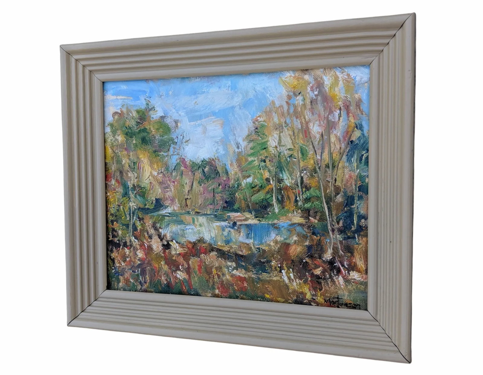 Original Impressionist Landscape Pond in Forest Oil Painting Signed - 8