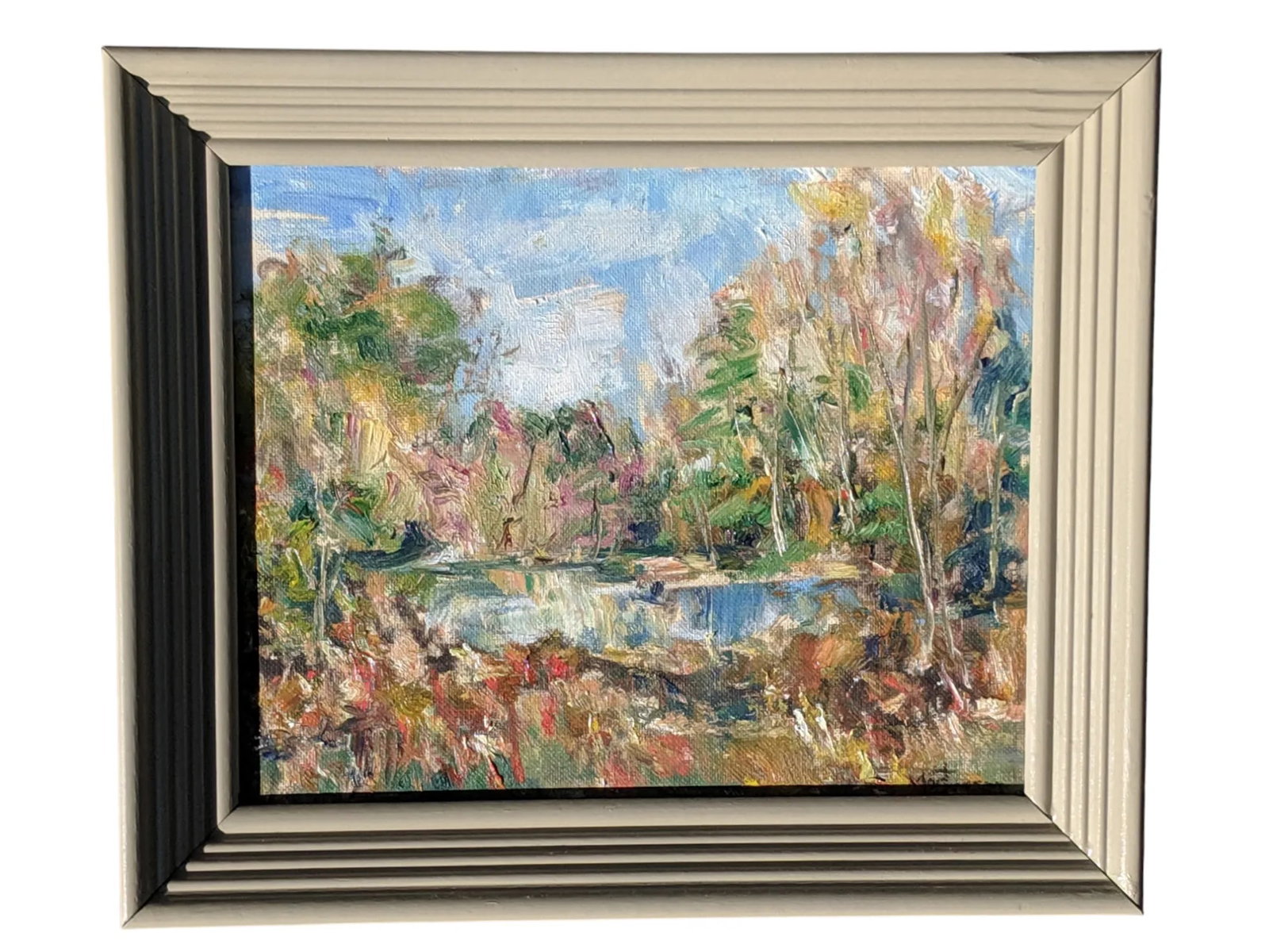Original Impressionist Landscape Pond in Forest Oil Painting Signed - 9