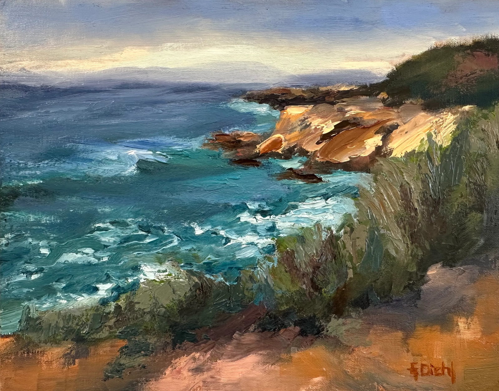 Original Impressionism Seascape Art Oil Painting by Grace Diehl: This is a studio painting I've done from my painting from Crystal Cove. It's one of Southern California's grand shores located in Newport. I love the calming effect here. The ocean views are