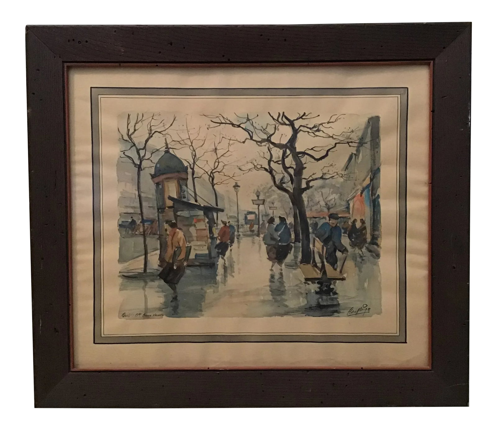 Vintage Paris Boulevard Bonne Nouvelle Watercolor Painting: Original vintage watercolor painting on fine art paper. Framed under satin glass and looks to be original wood frame. The work is signed by artist in lower right corner (unable to read) and signed aga