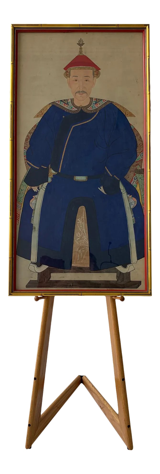 Antique Chinese Hand-Painted Ancestor Portrait: Monumental antique Chinese hand-painted ancestor portrait, circa mid-Late 19th century. Superb and detailed painting. Beautiful indigo robe with gold detailing throughout. Medium: Paper and ink /