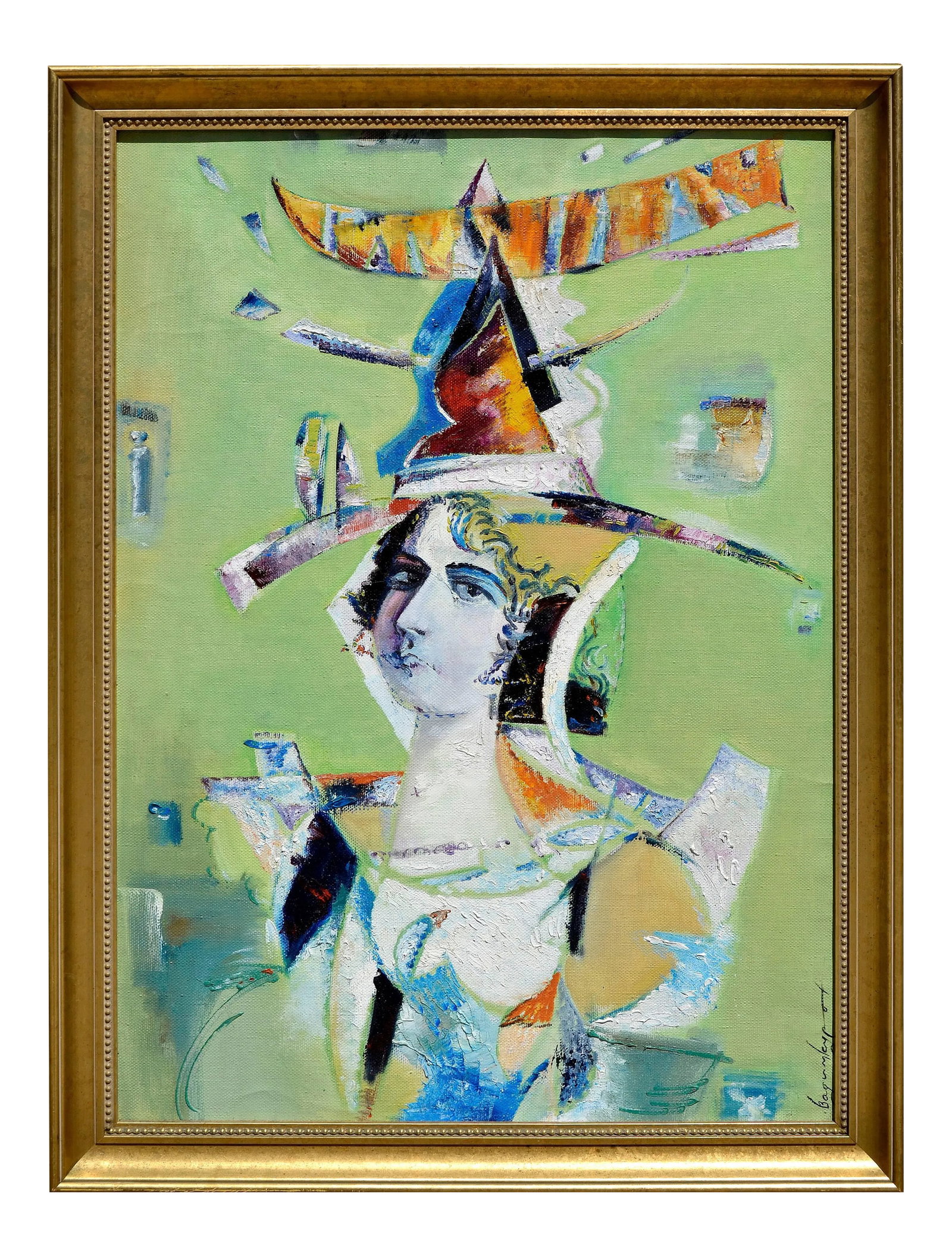 Surrealism Card Illusion Portrait by Vadim Kurov Oil on Linen 1999: Modern abstract interpretation of a traditional European aristocratic portrait complete with crown, elongated neck, bustier neckline and a hint of a cinched waist titled "Card Illusion" "Illyuziya kar