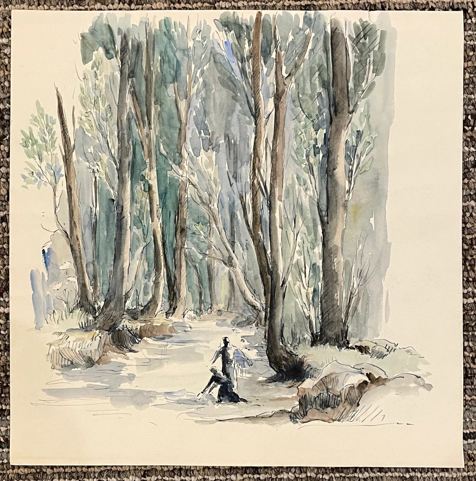 1950s Figures in a Landscape Watercolor Painting - 2