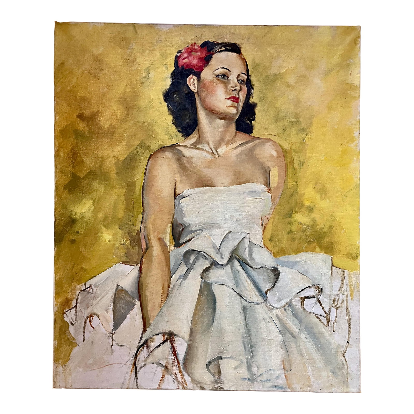 Gorgeous Mid-Century Colorful Portrait of a Woman in White With a Flower in Her Hair: Dramatic, bright portrait in oil on canvas, measuring 25" x 30" unframed. The canvas is undated and is marked "Daring" on the back; this is probably the artist's signature. Condition: Alterations: