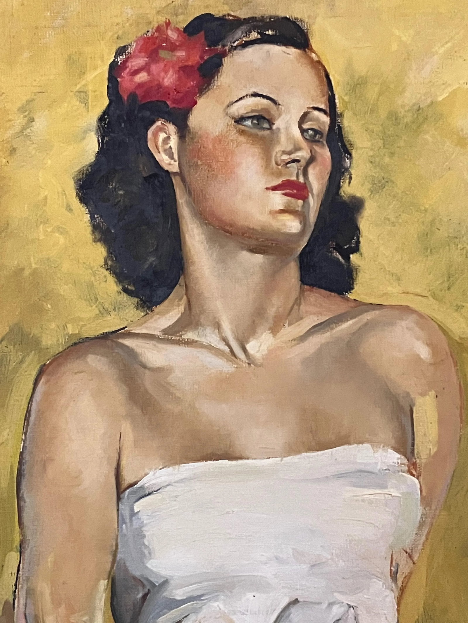 Gorgeous Mid-Century Colorful Portrait of a Woman in White With a Flower in Her Hair - 2